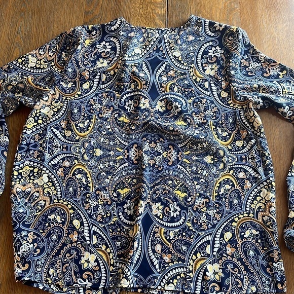 Liz Claiborne Blue Yellow Paisley Print Gold Buttons V-neck Size M Long Sleeve - Picture 13 of 14